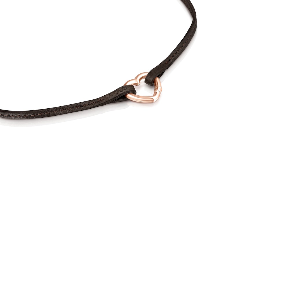 Hold heart Necklace in Rose Vermeil and brown Leather image number 1