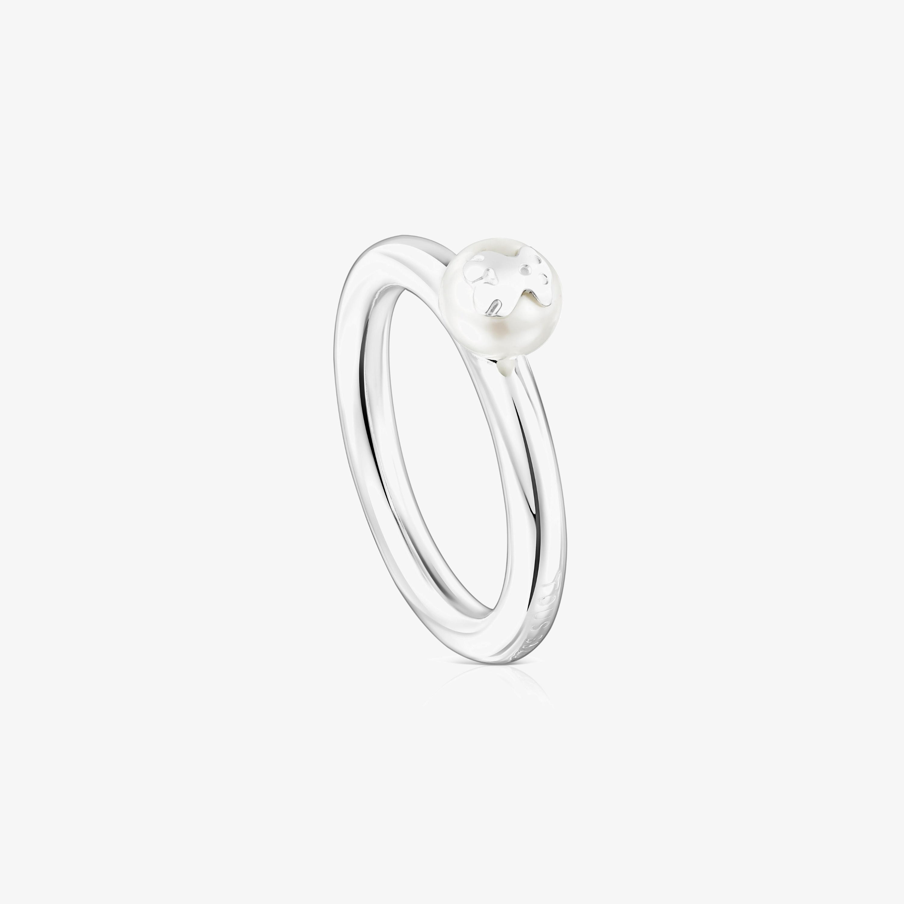 Silver and Pearl TOUS Icon Ring with Bear motif