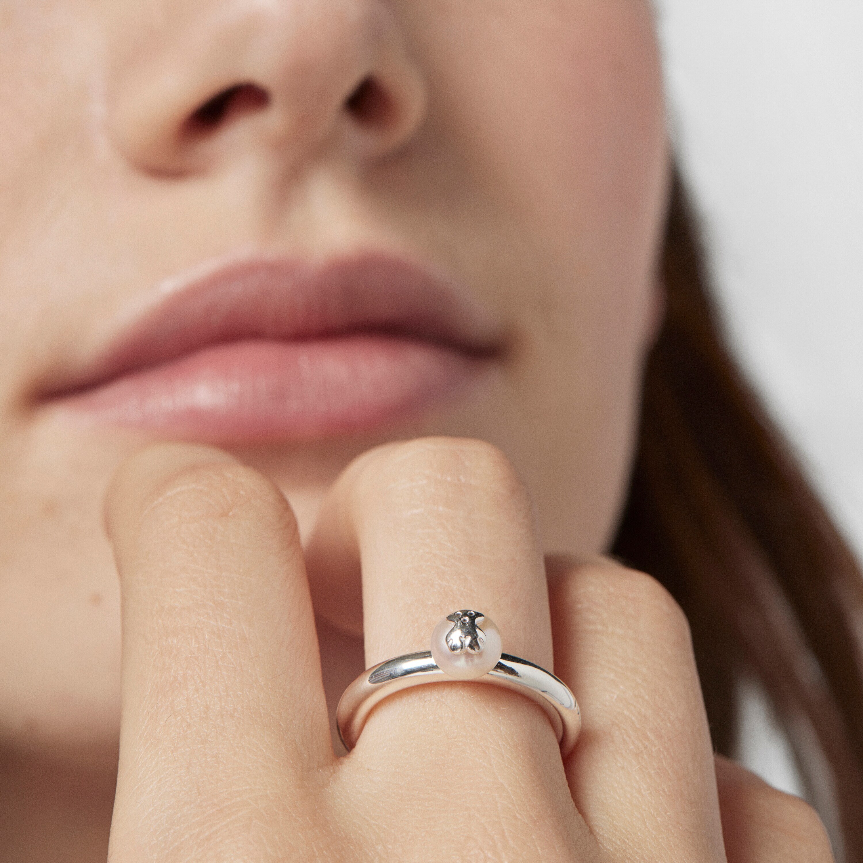 Silver and Pearl TOUS Icon Ring with Bear motif