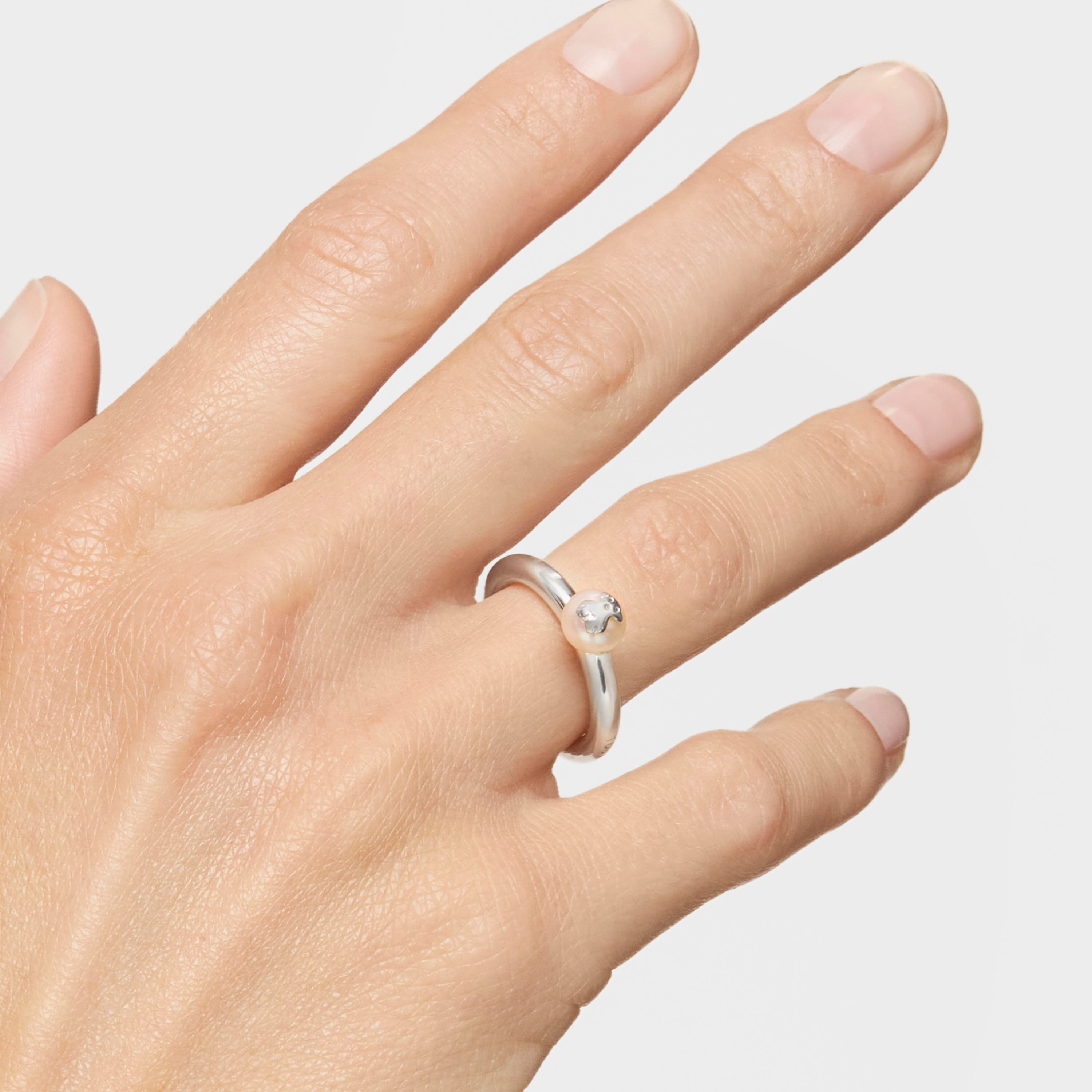 Silver and Pearl TOUS Icon Ring with Bear motif