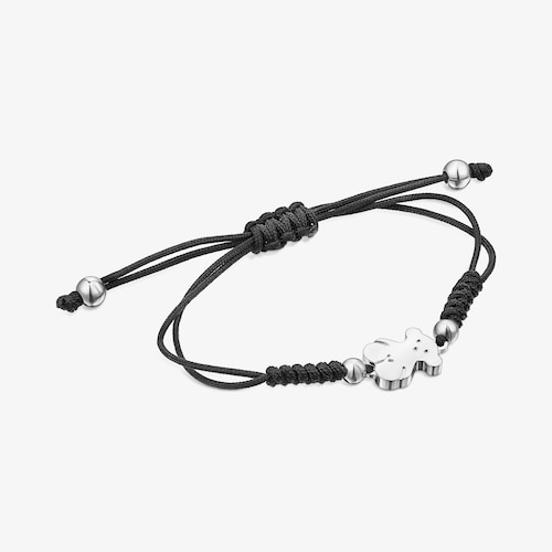 Pulsera Sweet Dolls oso de plata y cord&oacute;n negro