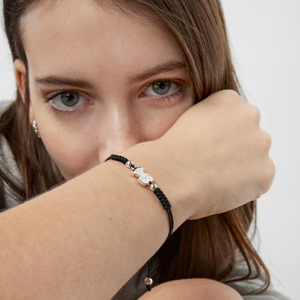 Pulsera oso de plata y cord&oacute;n negro Sweet Dolls