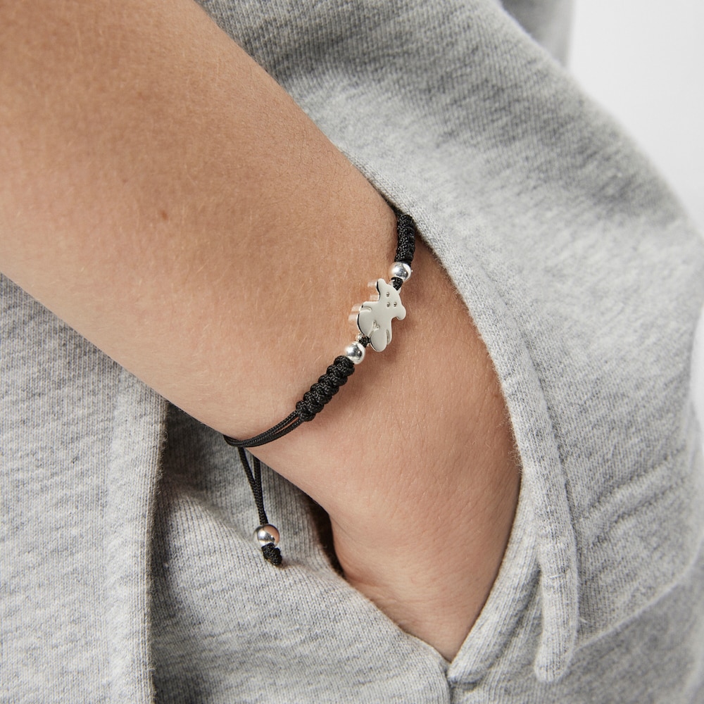 Pulsera oso de plata y cord&oacute;n negro Sweet Dolls