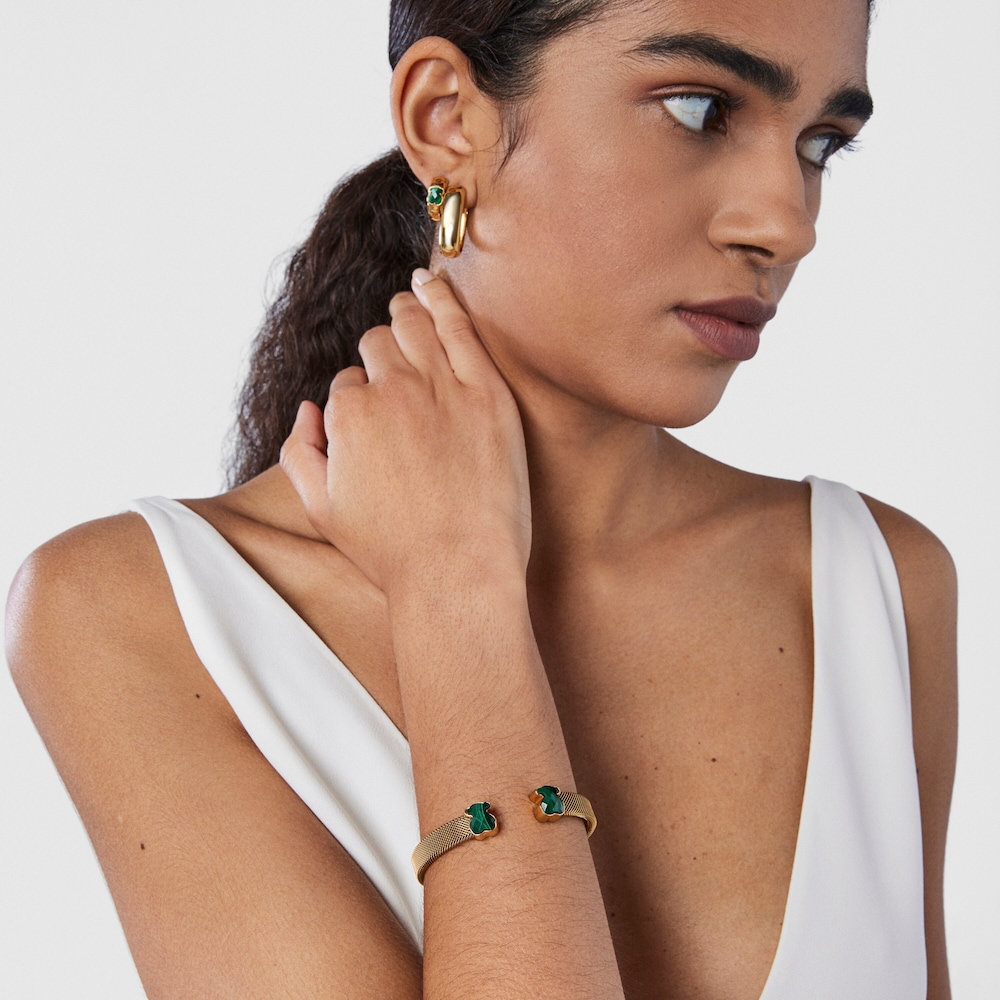 Gold-colored IP Steel Mesh Color Bracelet with Malachite