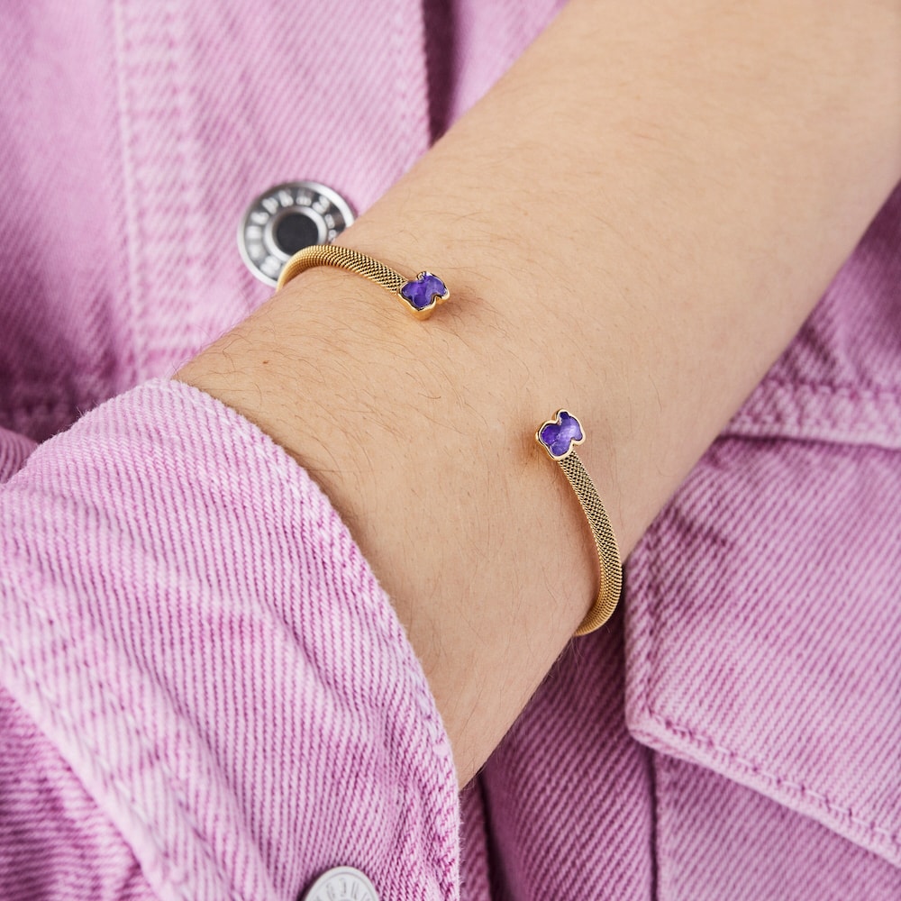 Pulsera estrecha de acero IP dorado y amatista Mesh Color