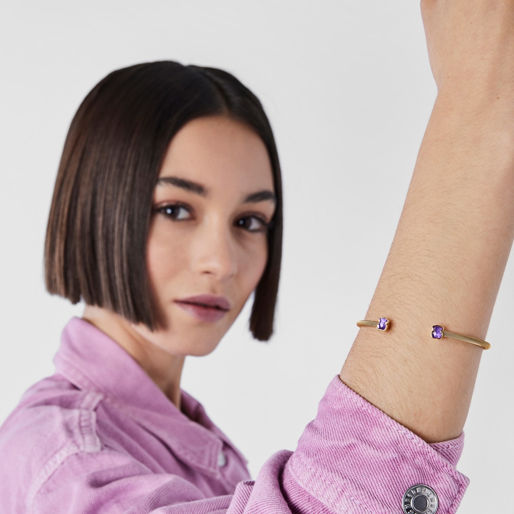 Pulsera estrecha de acero IP dorado y amatista Mesh Color