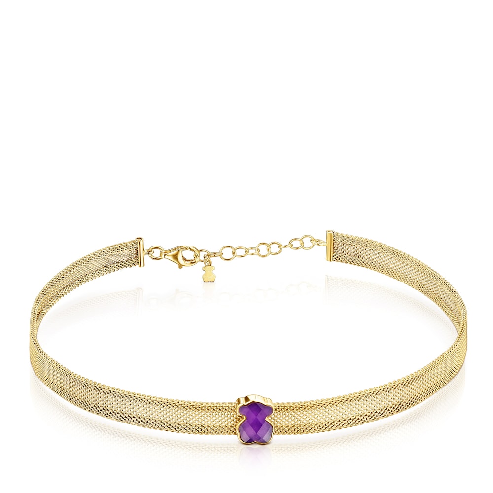 Gold-colored IP Steel Mesh Color Necklace with Amethyst