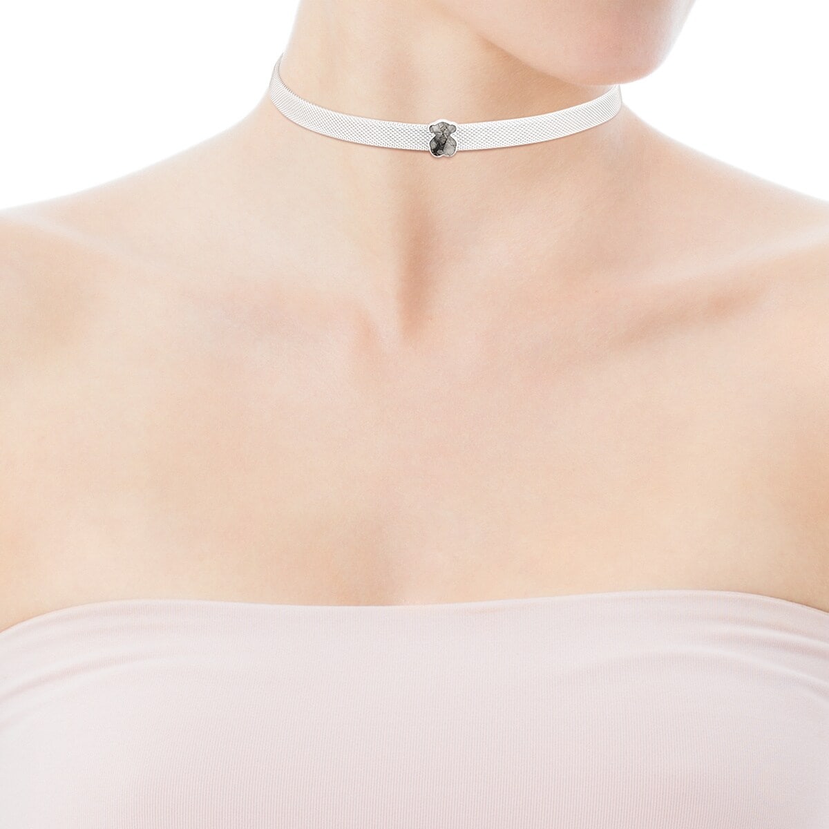 Silver Mesh Color Necklace with Tourmalinated quartz
