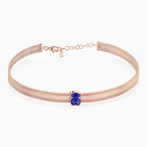 Collar de acero IP rosado y lapisl&aacute;zuli Mesh Color