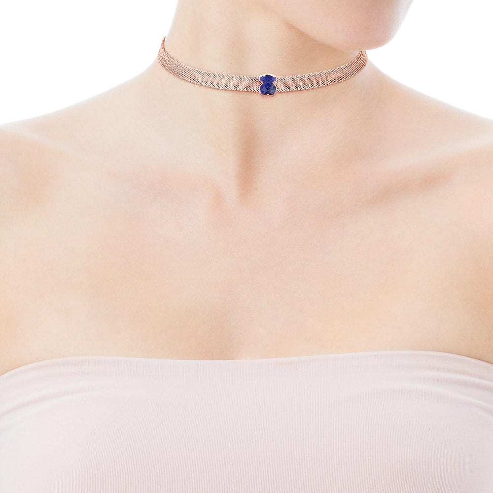 Collar de acero IP rosado y lapislázuli Mesh Color Collar de acero IP rosado y lapislázuli Mesh Color