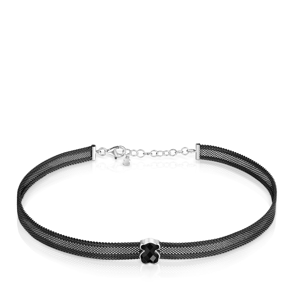 Black IP Steel Mesh Color Necklace with Onyx