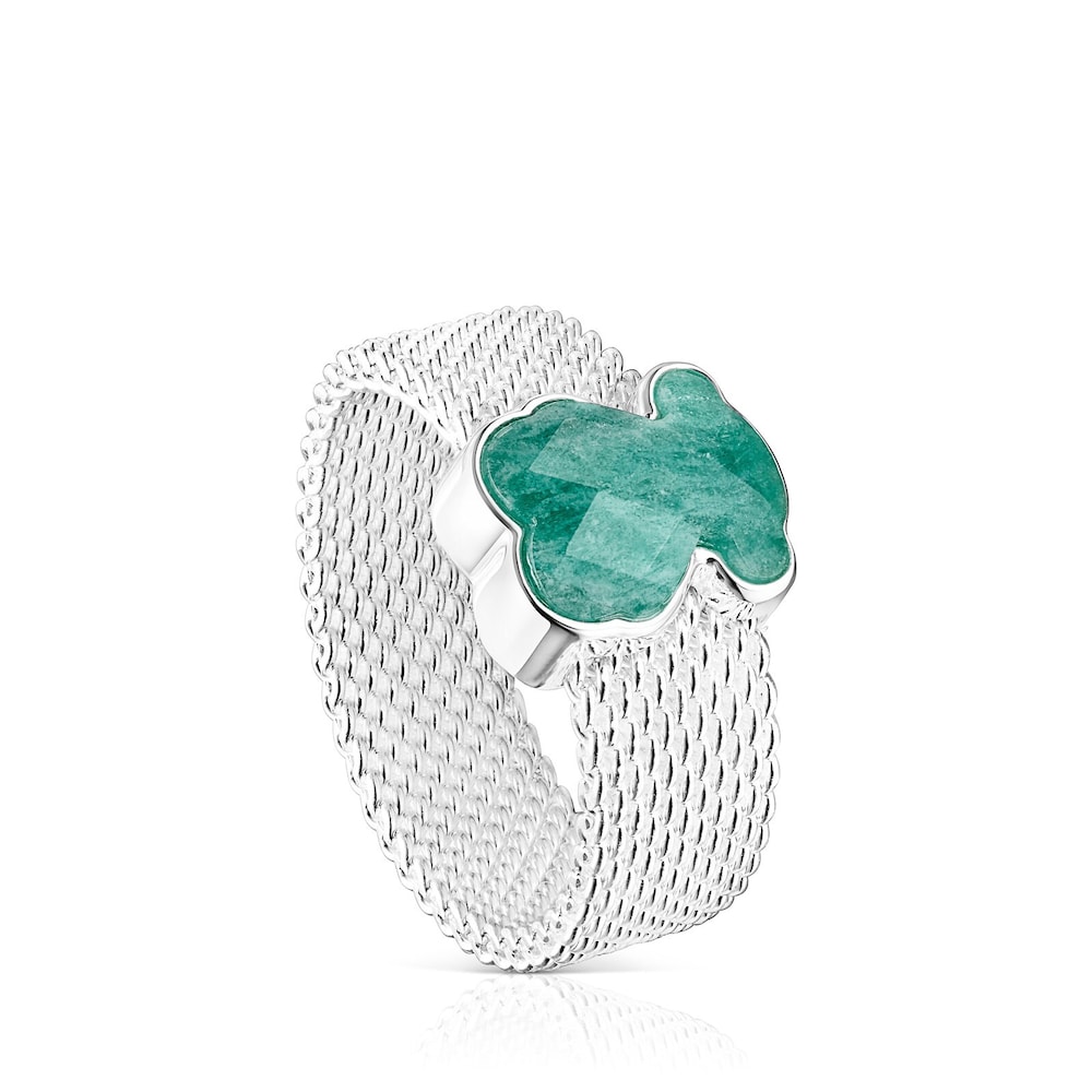 Anillo de plata y amazonita facetada motivo oso Mesh Color