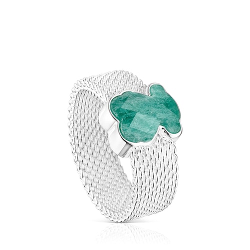 Silver TOUS Mesh Color Ring with faceted Amazonite Bear motif