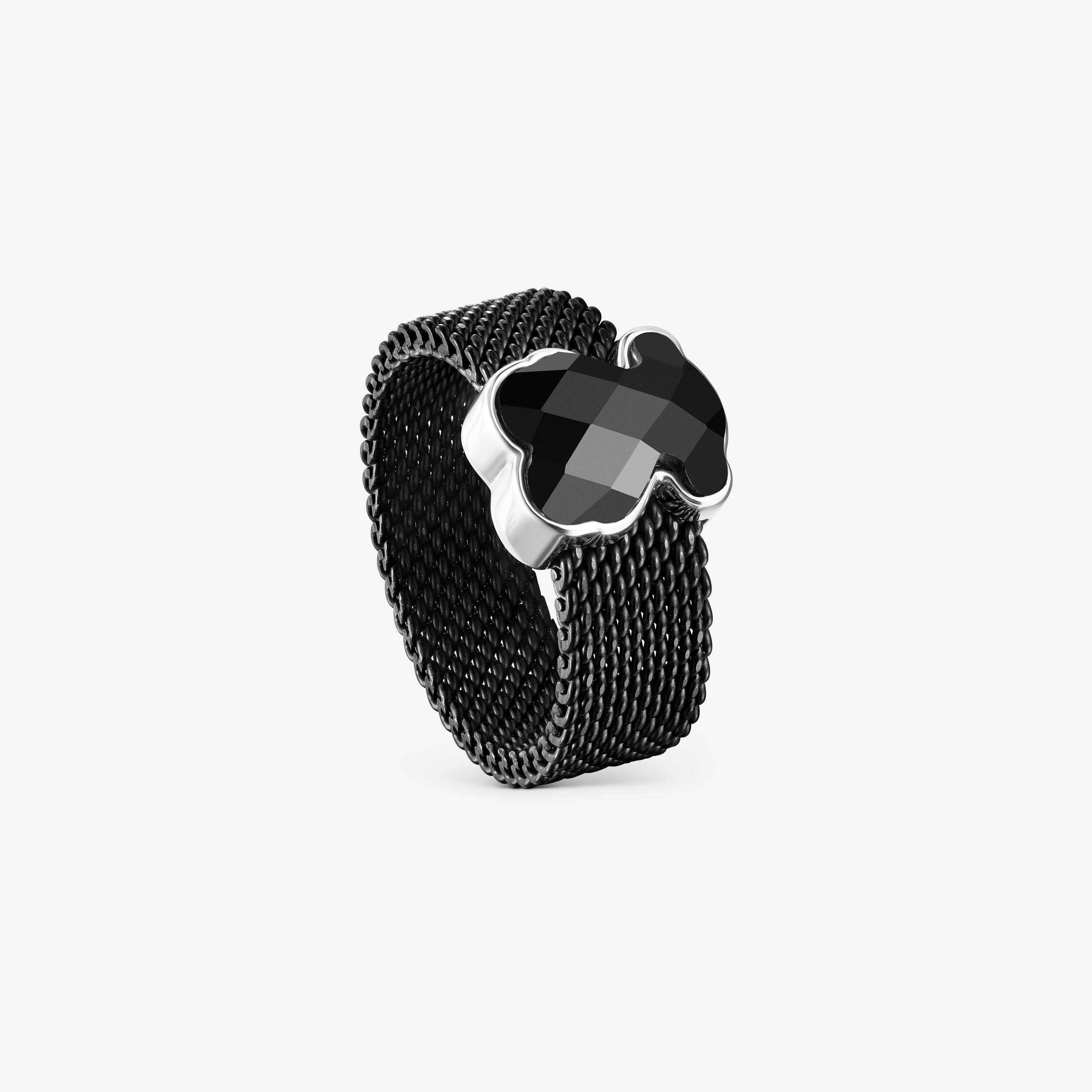 Black IP Steel Mesh Color Ring with Onyx Bear motif