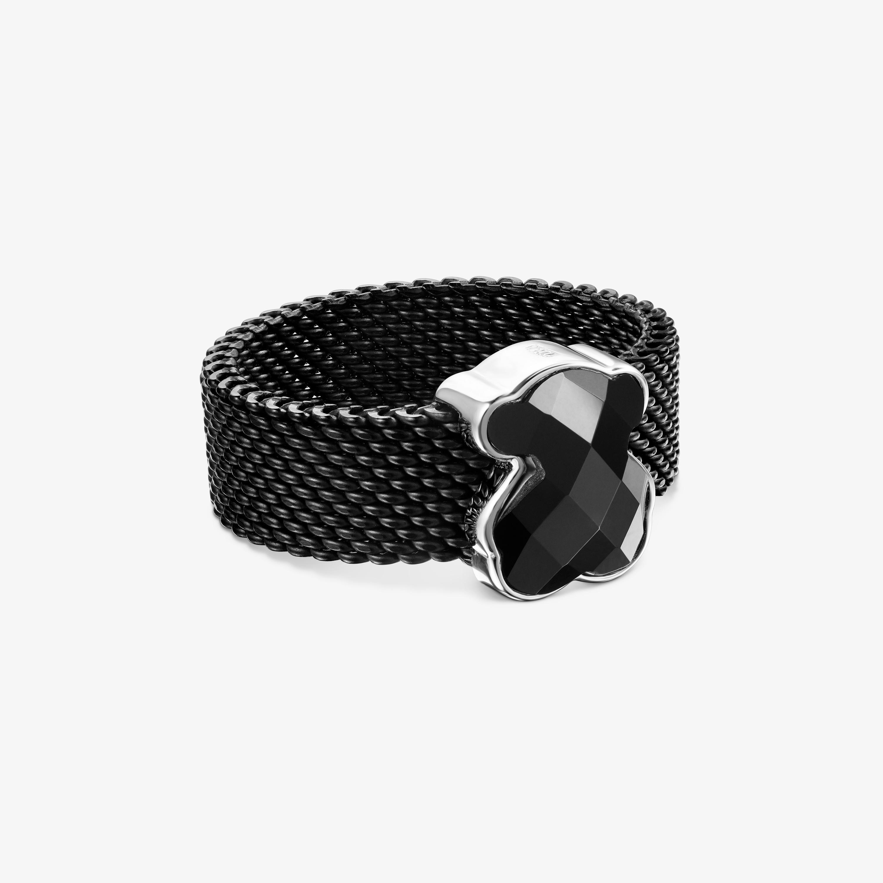 Black IP Steel Mesh Color Ring with Onyx Bear motif