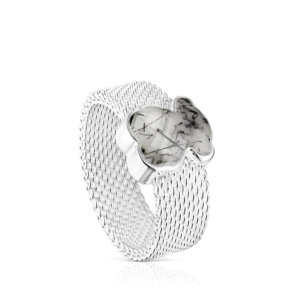 Anillo de plata y cuarzo turmalinado motivo oso Mesh Color