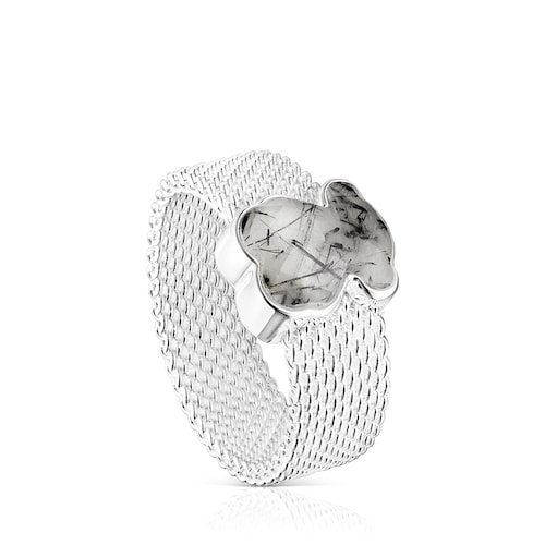 Anillo de plata y cuarzo turmalinado motivo oso Mesh Color
