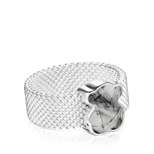 Anillo de plata y cuarzo turmalinado motivo oso Mesh Color