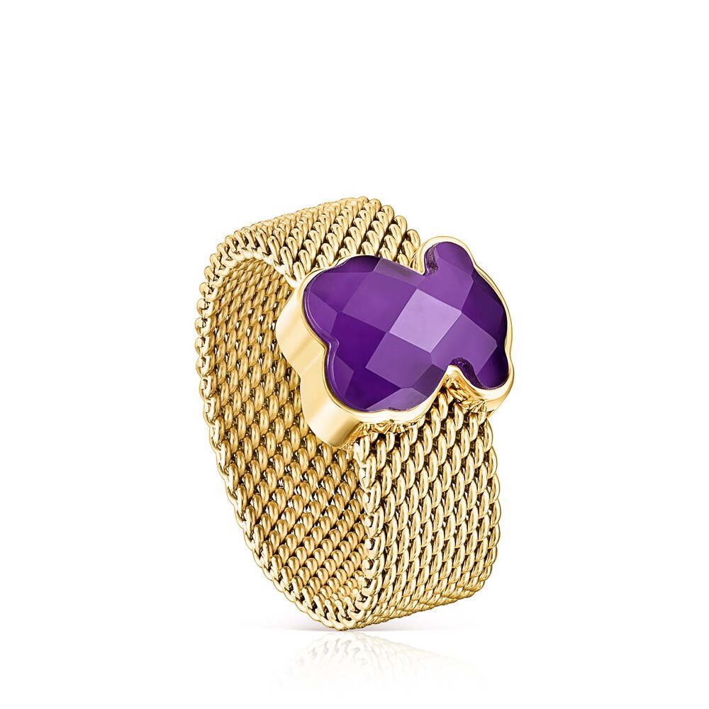 Anillo de acero IP dorado y amatista motivo oso Mesh Color image number 0