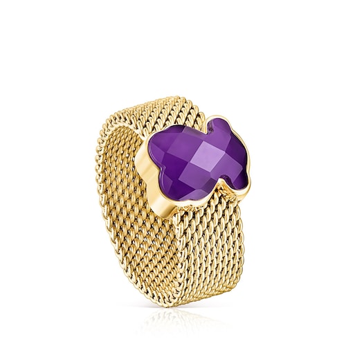 Gold-colored IP Steel Mesh Color Ring with Amethyst Bear motif image number 0