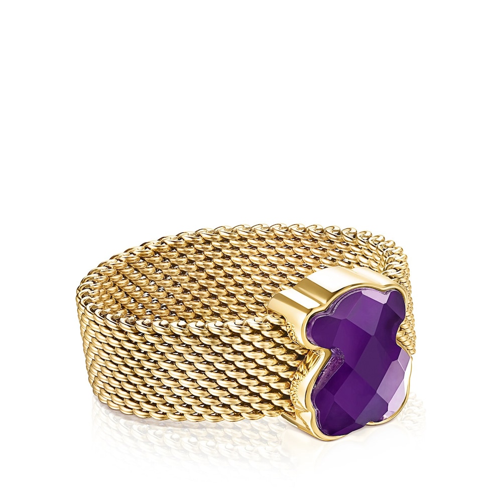 Anillo de acero IP dorado y amatista motivo oso Mesh Color image number 1