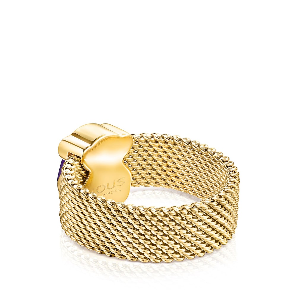 Anillo de acero IP dorado y amatista motivo oso Mesh Color image number 2