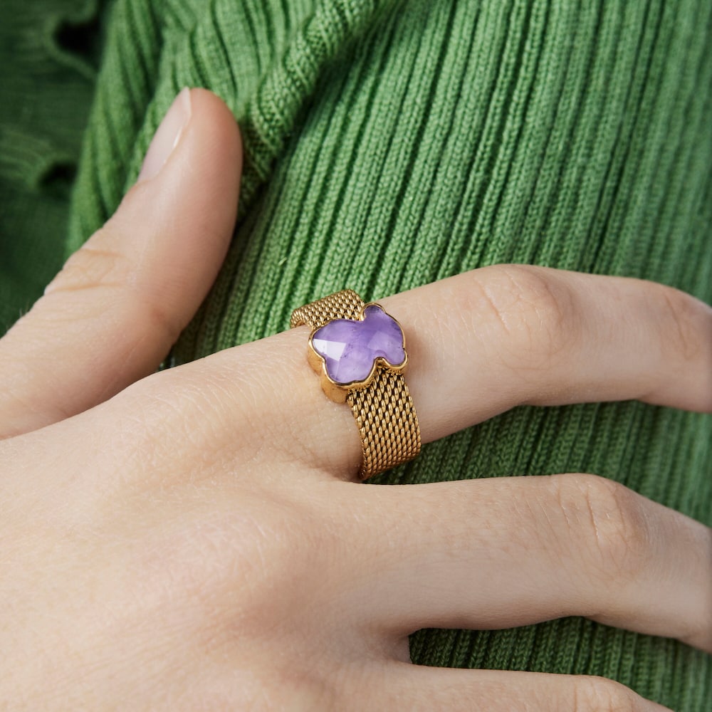 Anel Mesh Color em A&ccedil;o IP dourado e Ametista