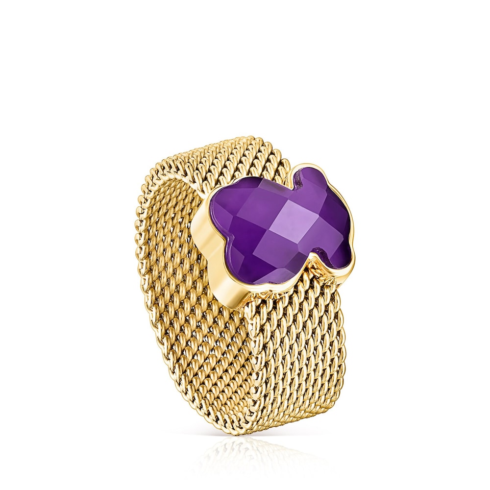 Anillo de acero IP dorado y amatista motivo oso Mesh Color image number 7
