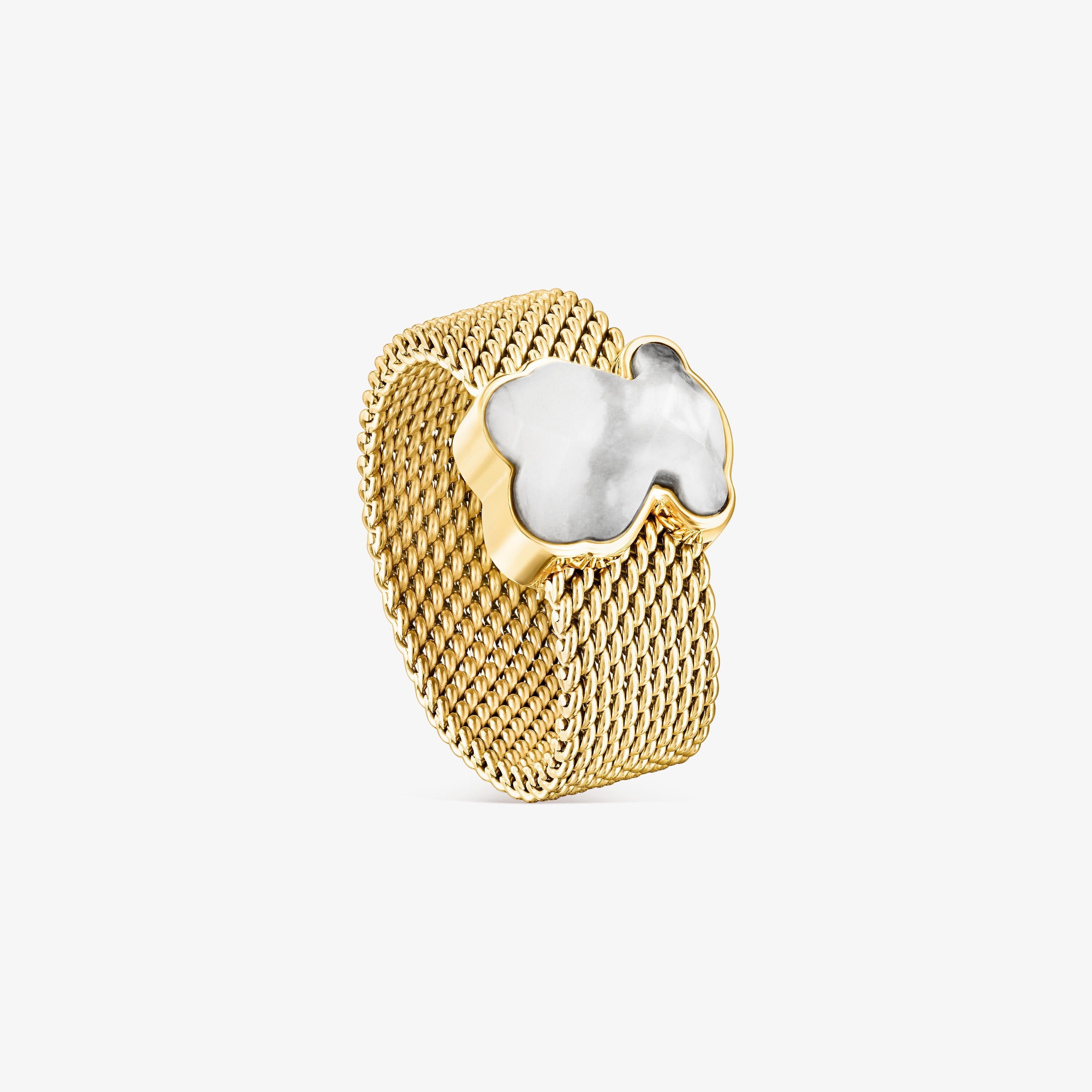 Gold-colored IP Steel Mesh Color Ring with Howlite Bear motif