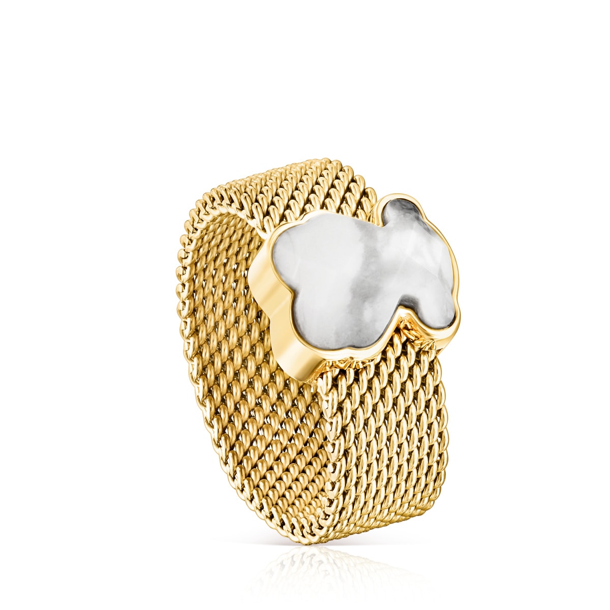 Tous - Anillo De Acero Ip Dorado Y Howlita Facetada Motivo Oso Mesh Color Talla 15
