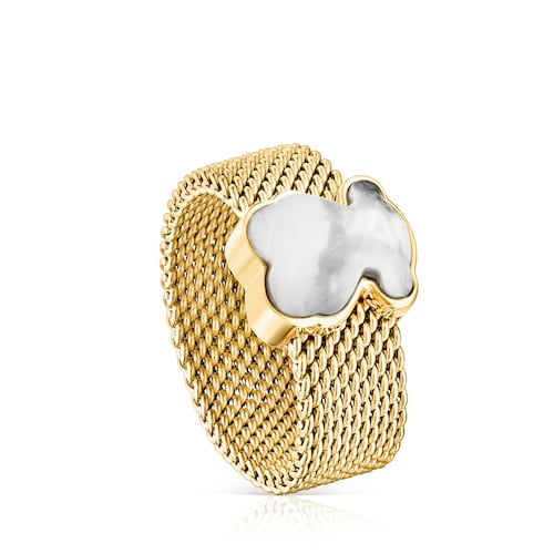Gold-colored IP Steel Mesh Color Ring with Howlite Bear motif