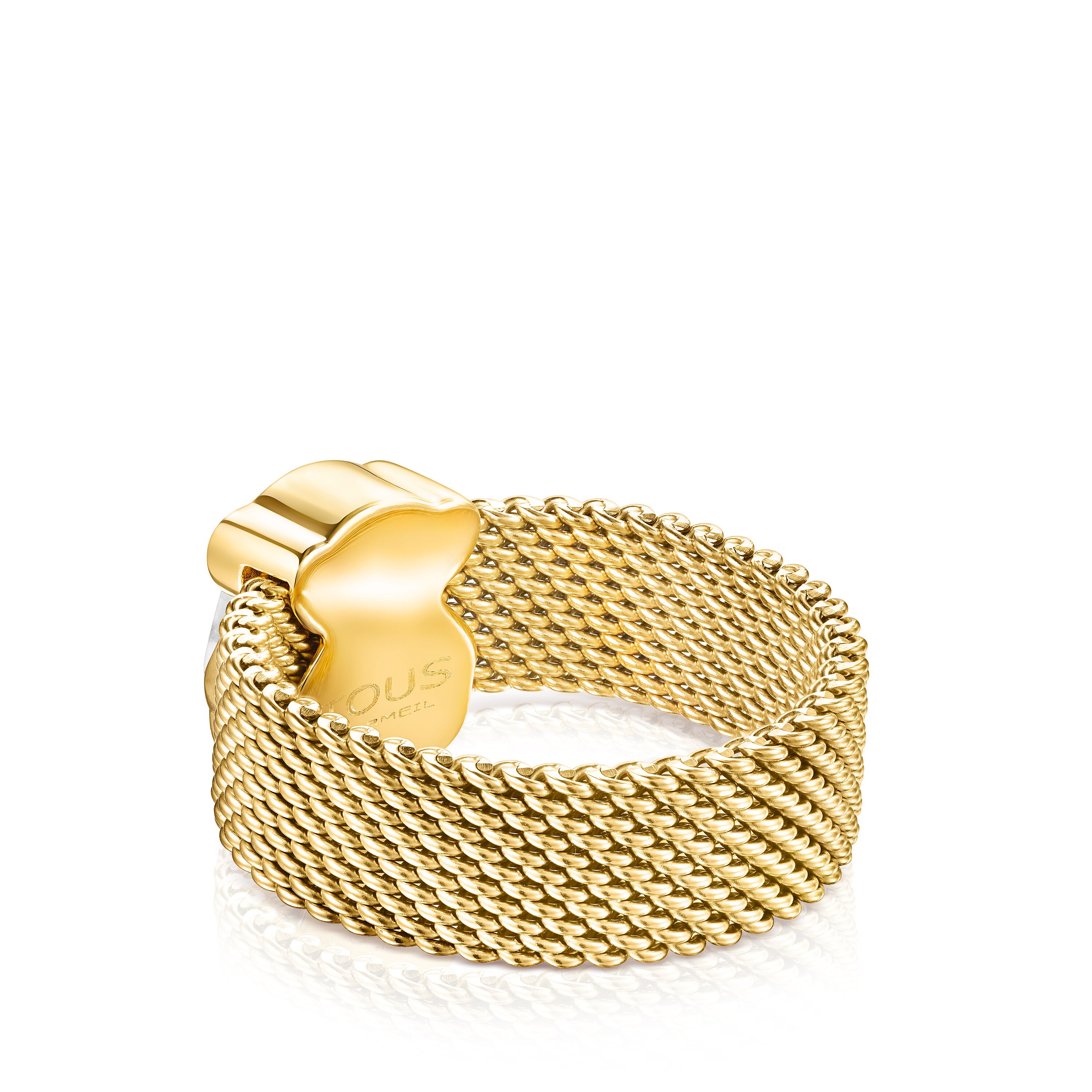 Gold-colored IP Steel Mesh Color Ring with Howlite Bear motif