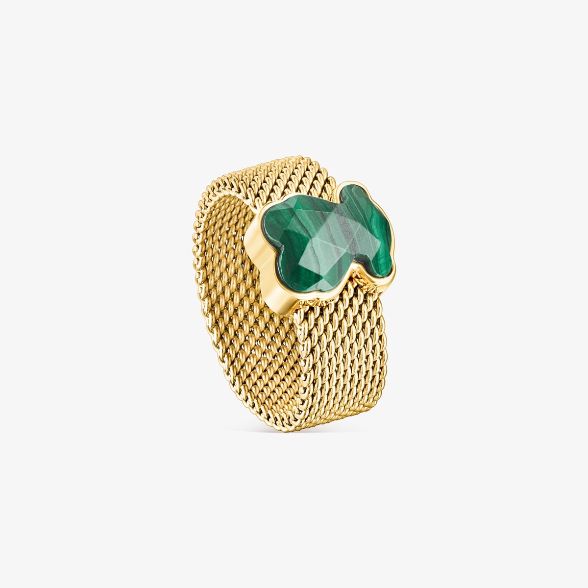 Tous - Anillo De Acero Ip Dorado Y Malaquita Facetada Motivo Oso Mesh Color Talla 10