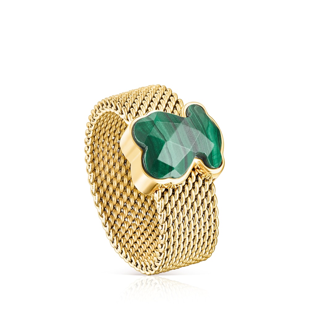 Anillo de acero IP dorado y malaquita facetada motivo oso Mesh Color image number 0