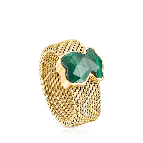 Gold-colored IP Steel Mesh Color Ring with Malachite Bear motif