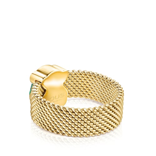 Gold-colored IP Steel Mesh Color Ring with Malachite Bear motif