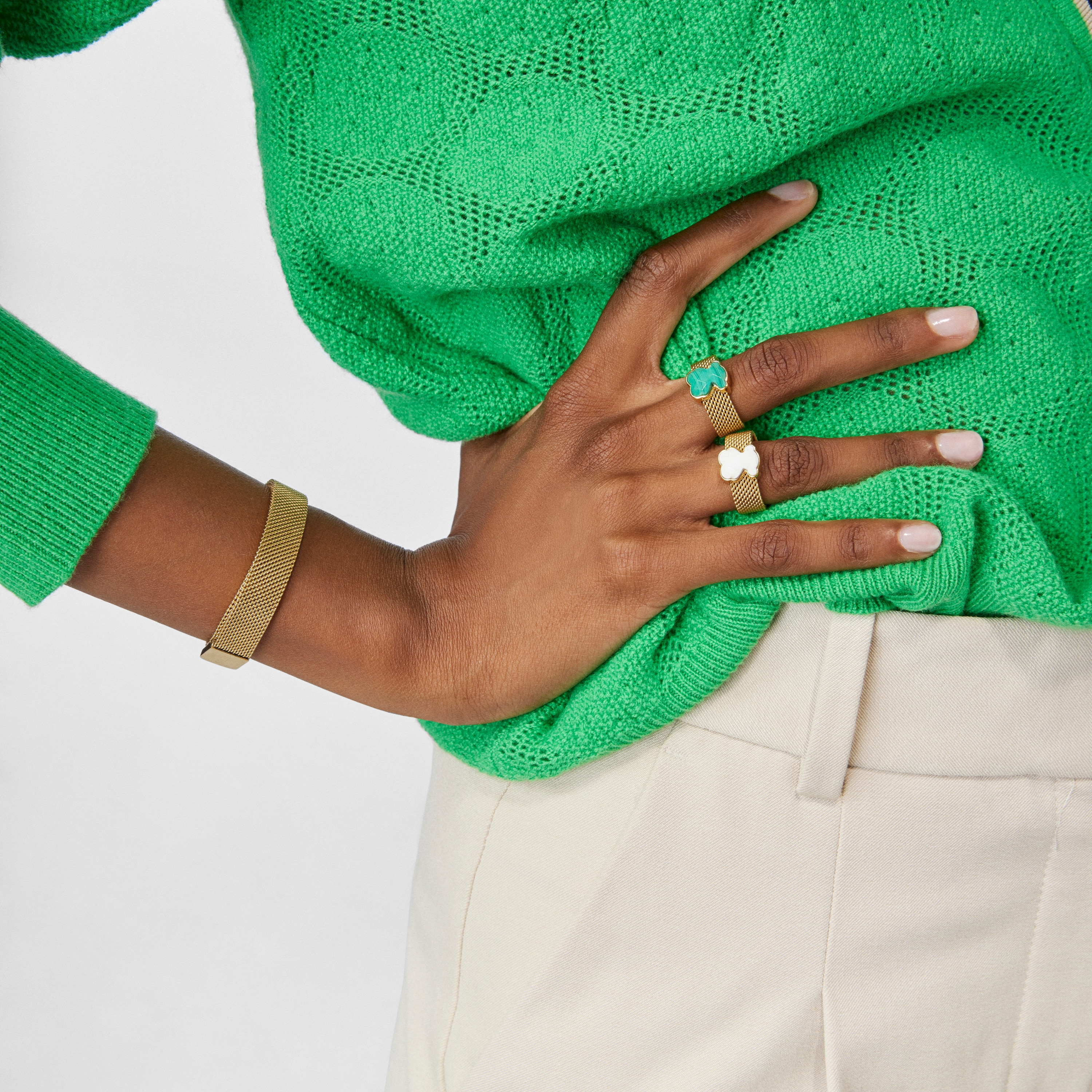 レア品　TOUS メッシュリング18Kイエローゴールド製ベア付き Gold-colored IP Steel Mesh Color Ring with Malachite Bear