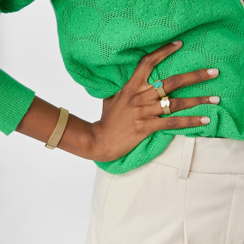 Gold-colored IP Steel Mesh Color Ring with Malachite Bear motif