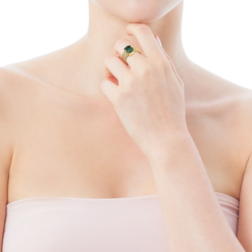 Gold-colored IP Steel Mesh Color Ring with Malachite Bear motif