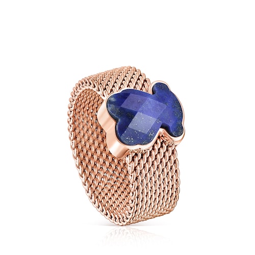Rose IP Steel TOUS Mesh Color Ring with faceted Lapis Lazuli Bear motif image number 0