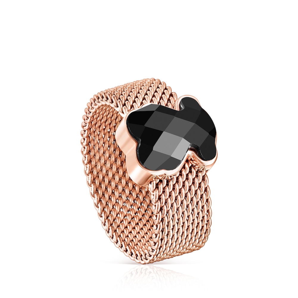 Rose IP Steel TOUS Mesh Color Ring with faceted Onyx Bear motif
