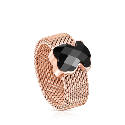 Anillo de acero IP rosado y ónix facetado motivo oso Mesh Color