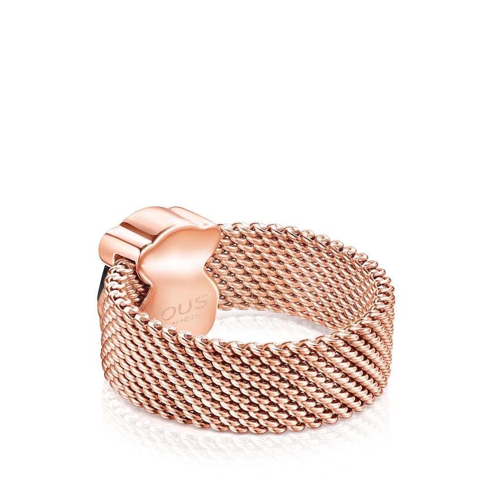 Rose IP Steel TOUS Mesh Color Ring with faceted Onyx Bear motif