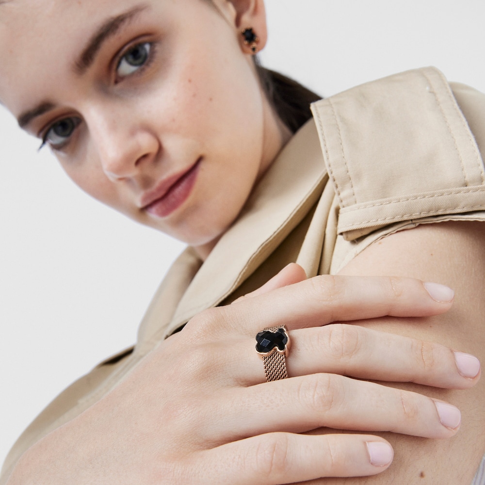 Rose IP Steel TOUS Mesh Color Ring with faceted Onyx Bear motif