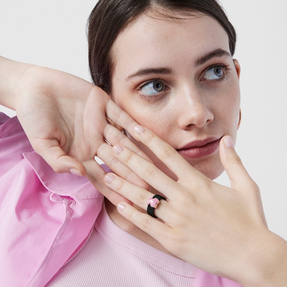 Anel Mesh Color em A&ccedil;o IP preto e Rodonite