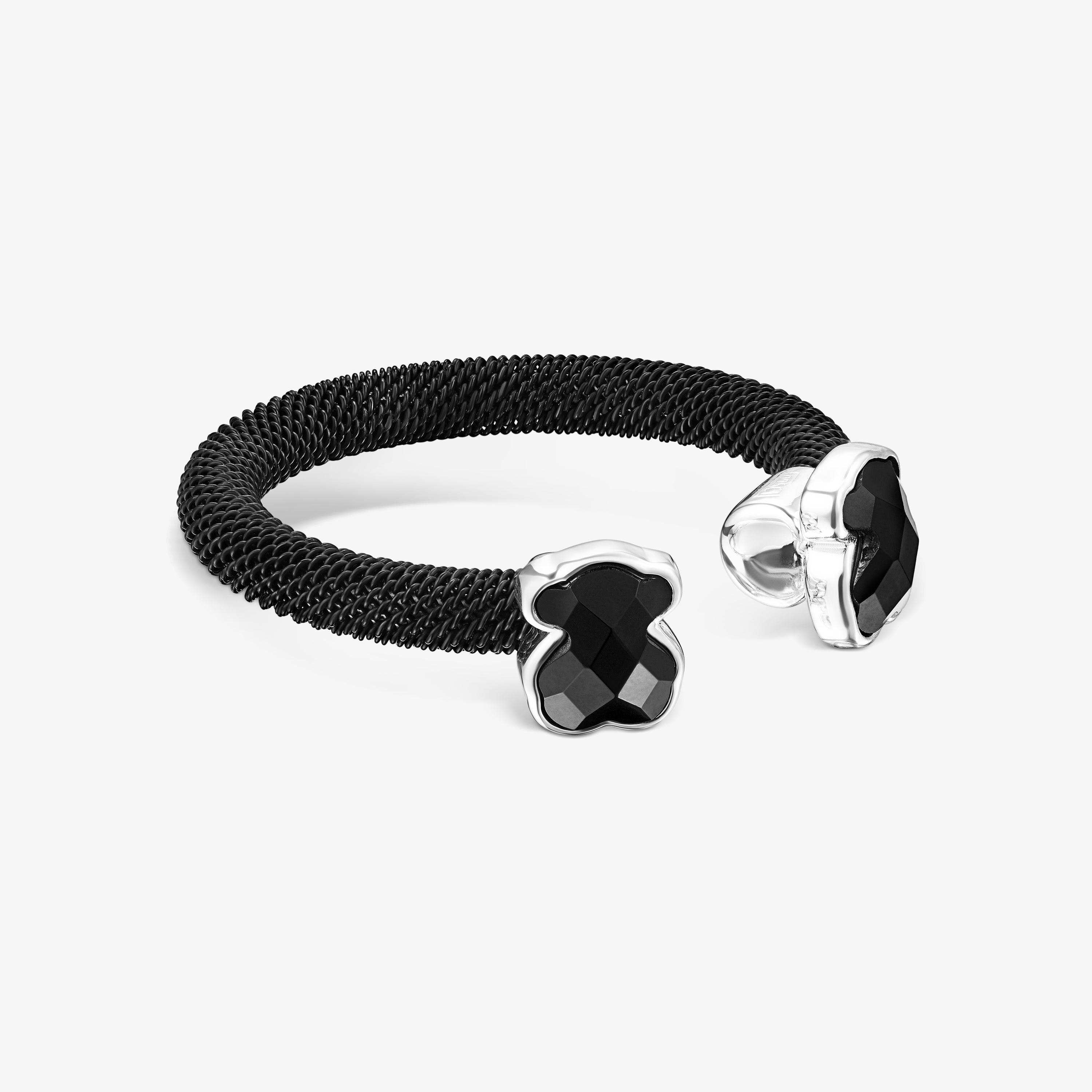 Black IP Steel Mesh Color open Ring with Onyx