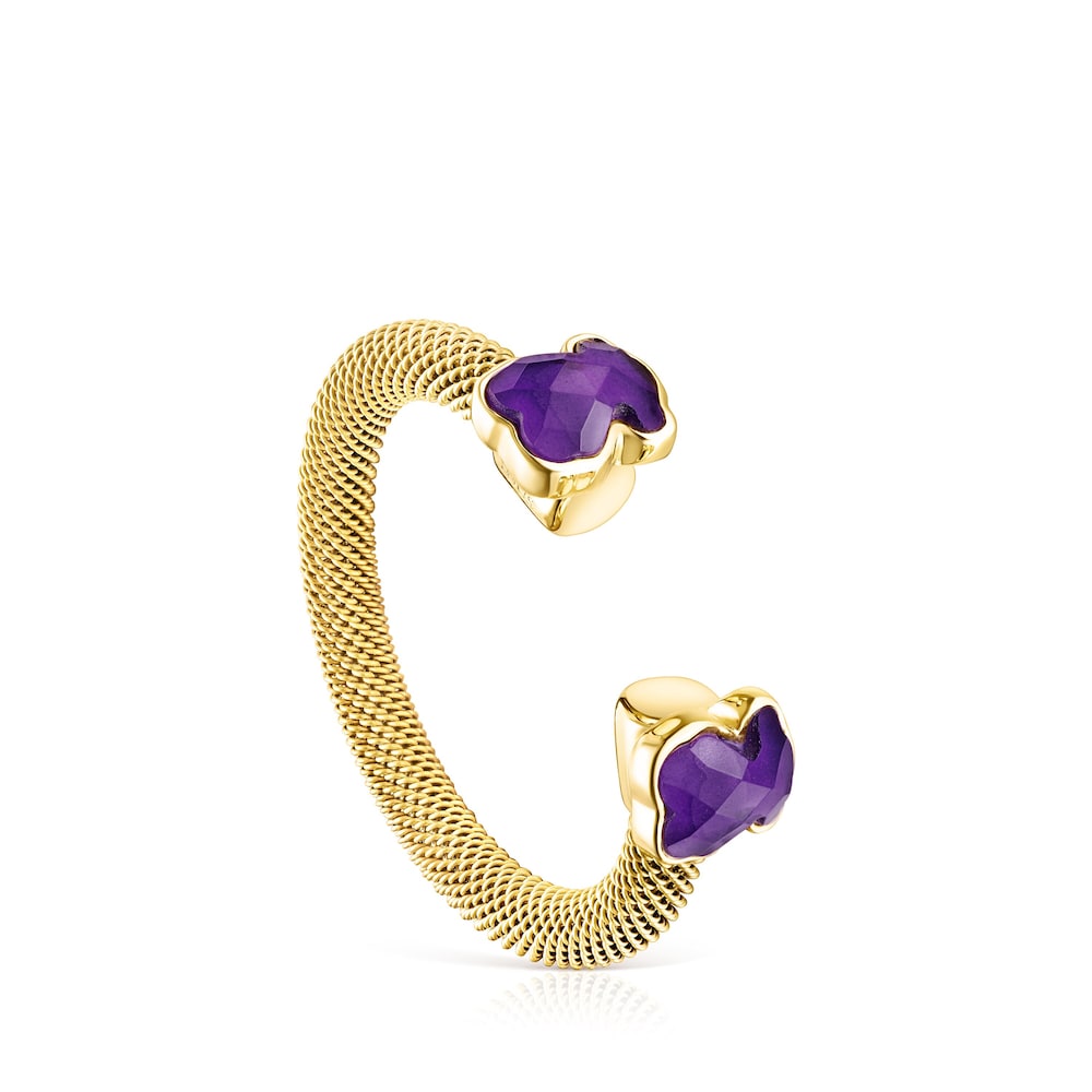 Anillo abierto de acero IP dorado y amatista Mesh Color