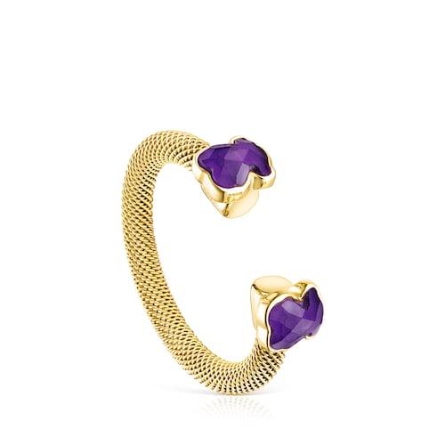 Anillo abierto de acero IP dorado y amatista Mesh Color