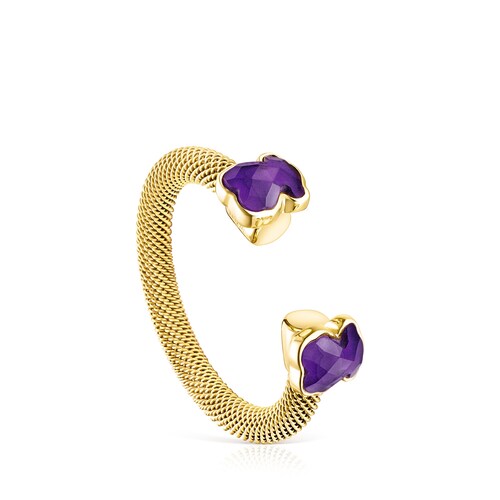 Gold-colored IP Steel Mesh Color open Ring with Amethyst image number 0