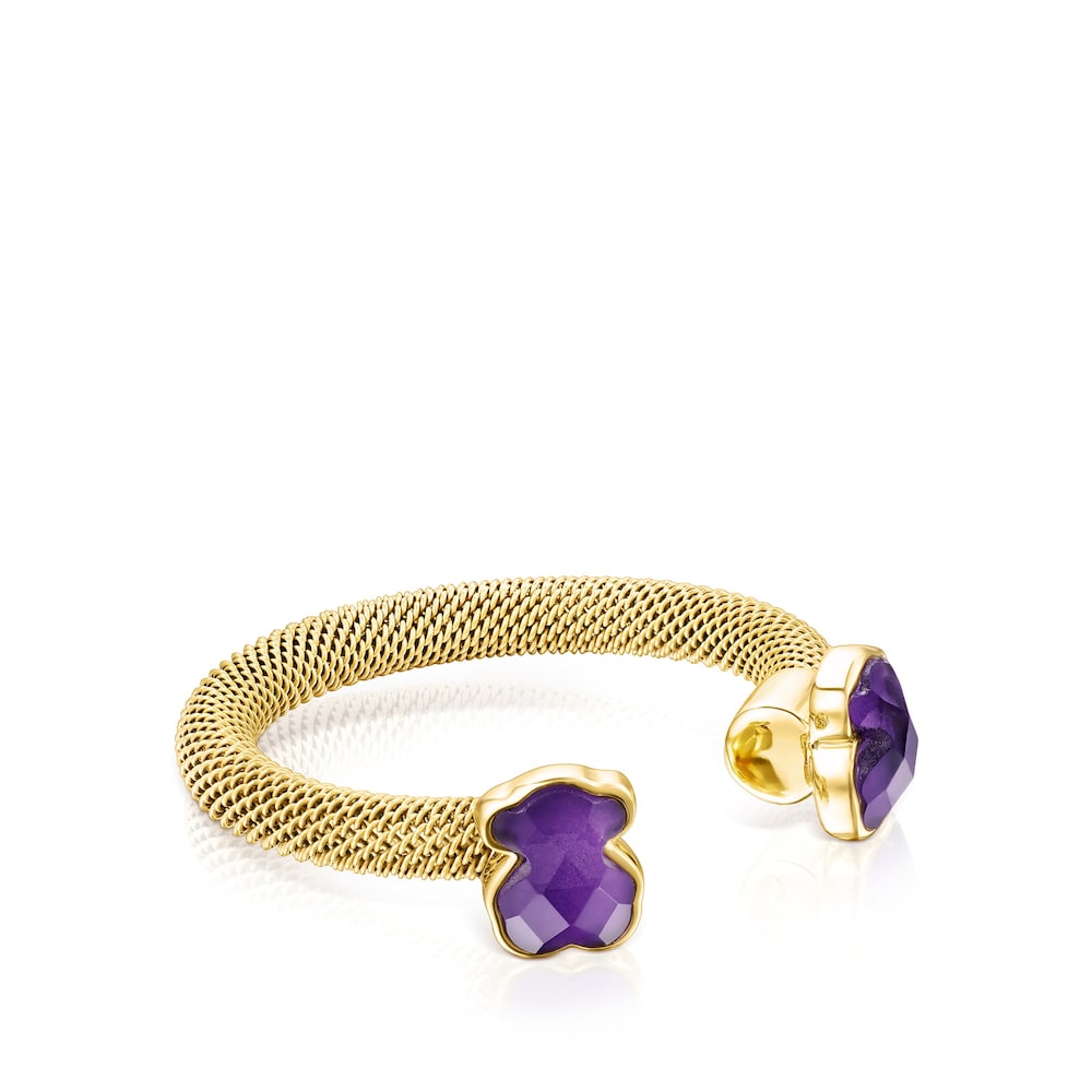 Anillo abierto de acero IP dorado y amatista Mesh Color